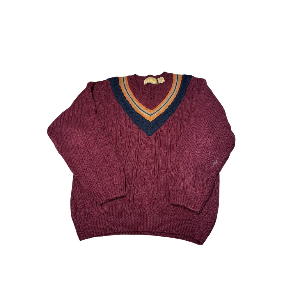 Vintage New River Co Burgundy Cable Knit V-Neck Sweater Striped Trim‎ Mens Large